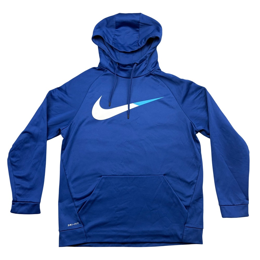 Nike Hoodie‎ Mens L Blue Dri-Fit Swoosh Pullover Performance Kangaroo Pocket EUC